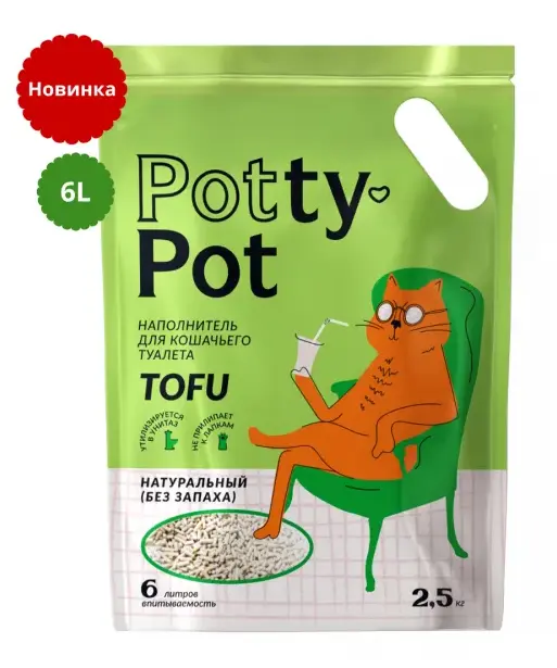 Potty-Pot Наполнитель ТОФУ Натуральный без запаха, 2,5 кг
