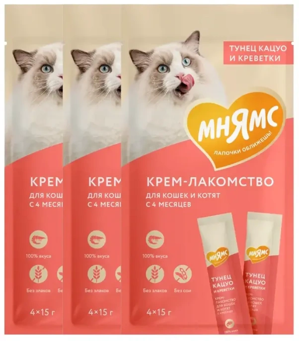 Мнямс Крем-лакомство с тунцом Кацуо и креветками для кошек