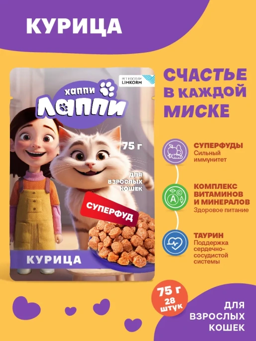 Хаппи Лаппи Пауч для кошек (Курица в соусе), 75г