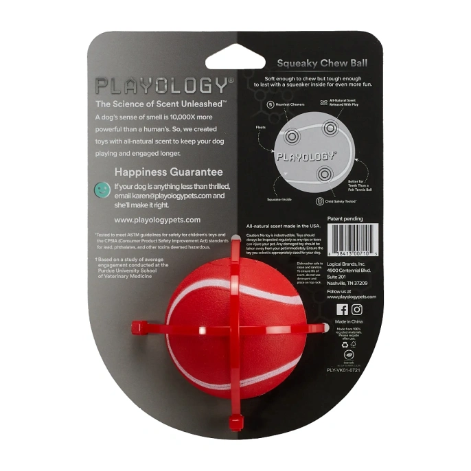 Playology Жевательный мяч SQUEAKY CHEW BALL с ароматом говядины, красный для собак