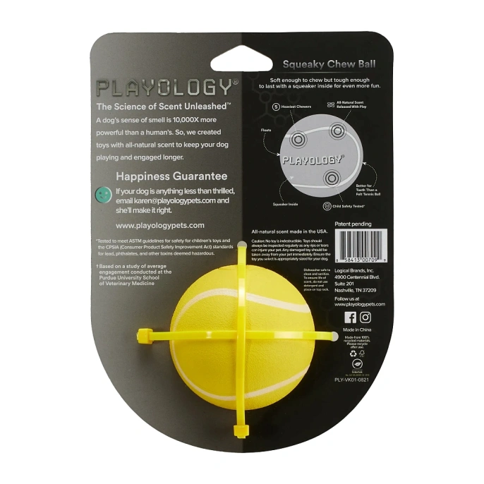 Playology Жевательный мяч SQUEAKY CHEW BALL с ароматом курицы, желтый для собак