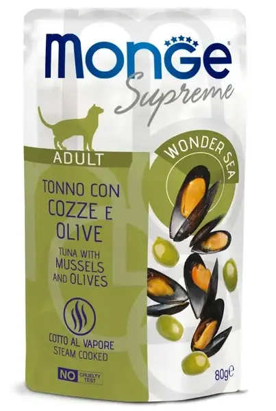 Monge Supreme Adult Cat Пауч с тунцом, мидиями и оливками для кошек