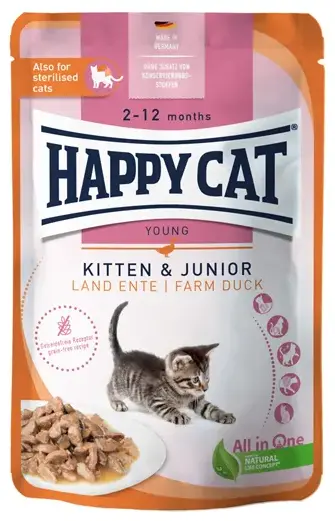 Happy Cat Kitten & Junior Кусочки в соусе (Утка) для кошек