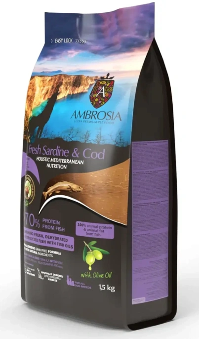 AMBROSIA Mediterranean Sterilised/Senior (Сардина, треска), 1,5 кг