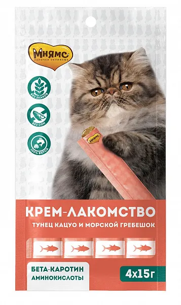 Мнямс Крем-лакомство с тунцом Кацуо и мор. гребешком для кошек
