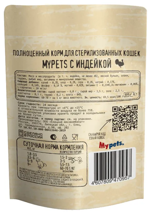 Mypets для стерилизованных кошек (Индейка)