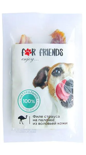 For Friends Филе страуса на палочке из воловьей кожи для собак