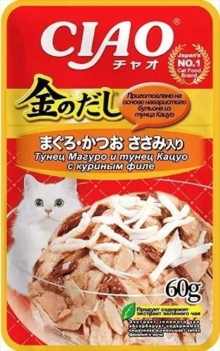 INABA CIAO Kinnodashi Тунец Магуро и Кацуо с куриным филе для кошек
