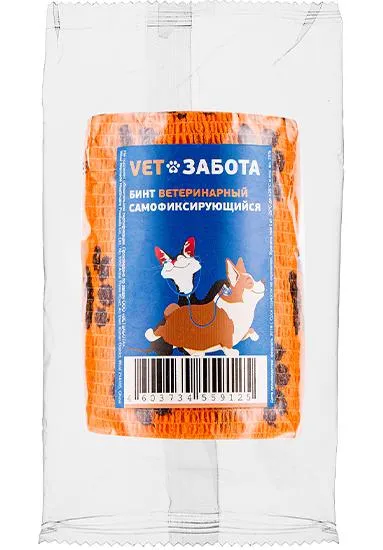 VETЗАБОТА Бинт ветеринарный самофиксирующийся, оранжевый с лапками для домашних животных