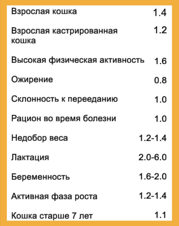 Коэффициент состояния кошки для расчета нормы кормления